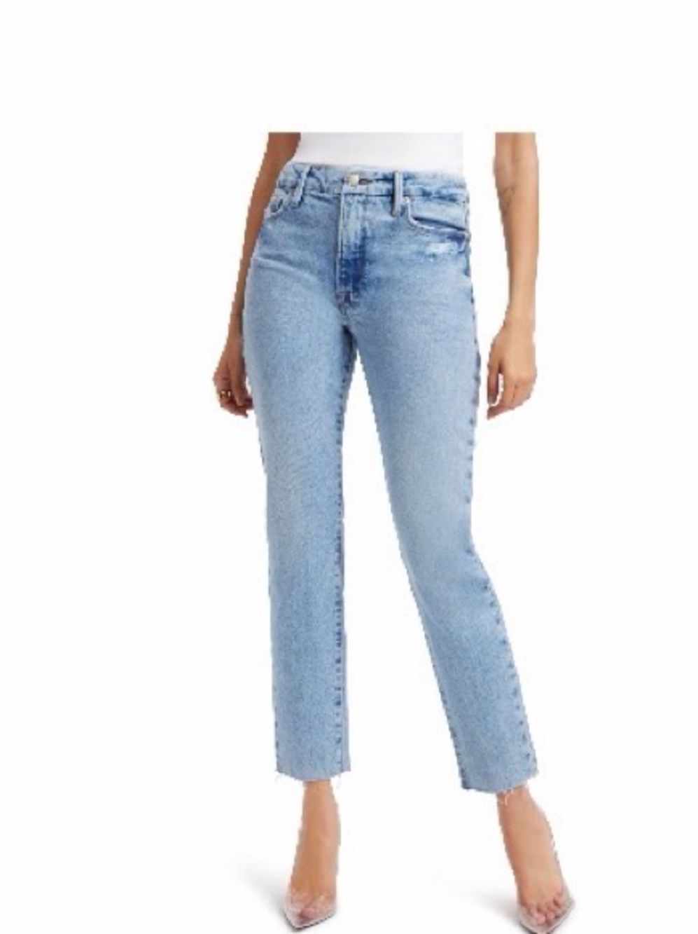 Good American Good Classic Raw Hem High-Rise Light Blue Straight-Leg Jeans